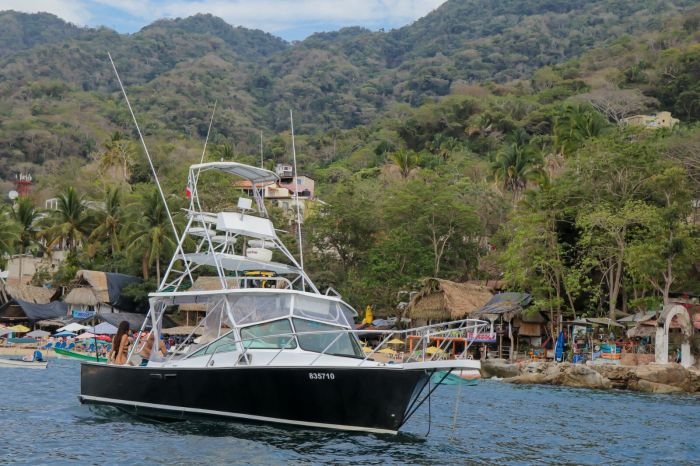 Guanatuna anchored off a south-shore beach village in Banderas Bay