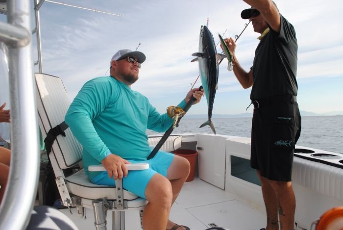 Our mate unhooking a bonito for a guest in the fighting chair