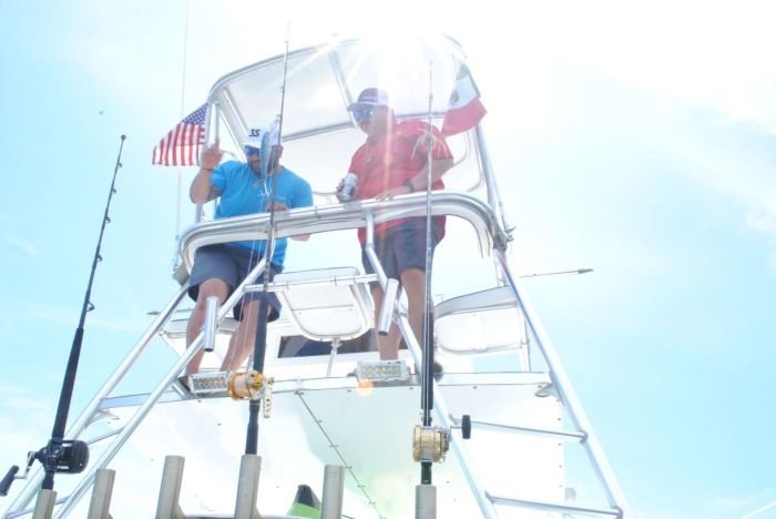 The captain and mate up in the tuna tower