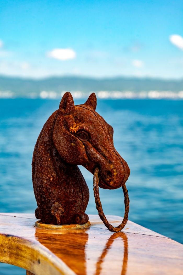 The bronze horse head aboard Steel n Time, the ranch's signature
